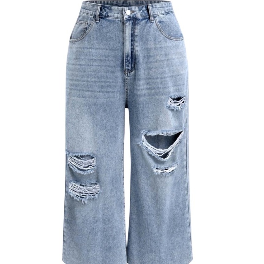 Trendy Distressed Light Wash Denim Wide Leg Cropped Jeans